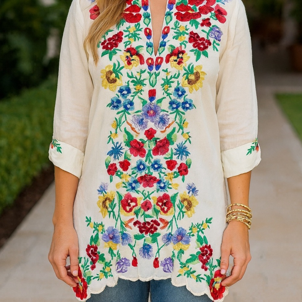 Johnny Was heavily embroidered Gala tunic in Shell NWT - Picture 6 of 10